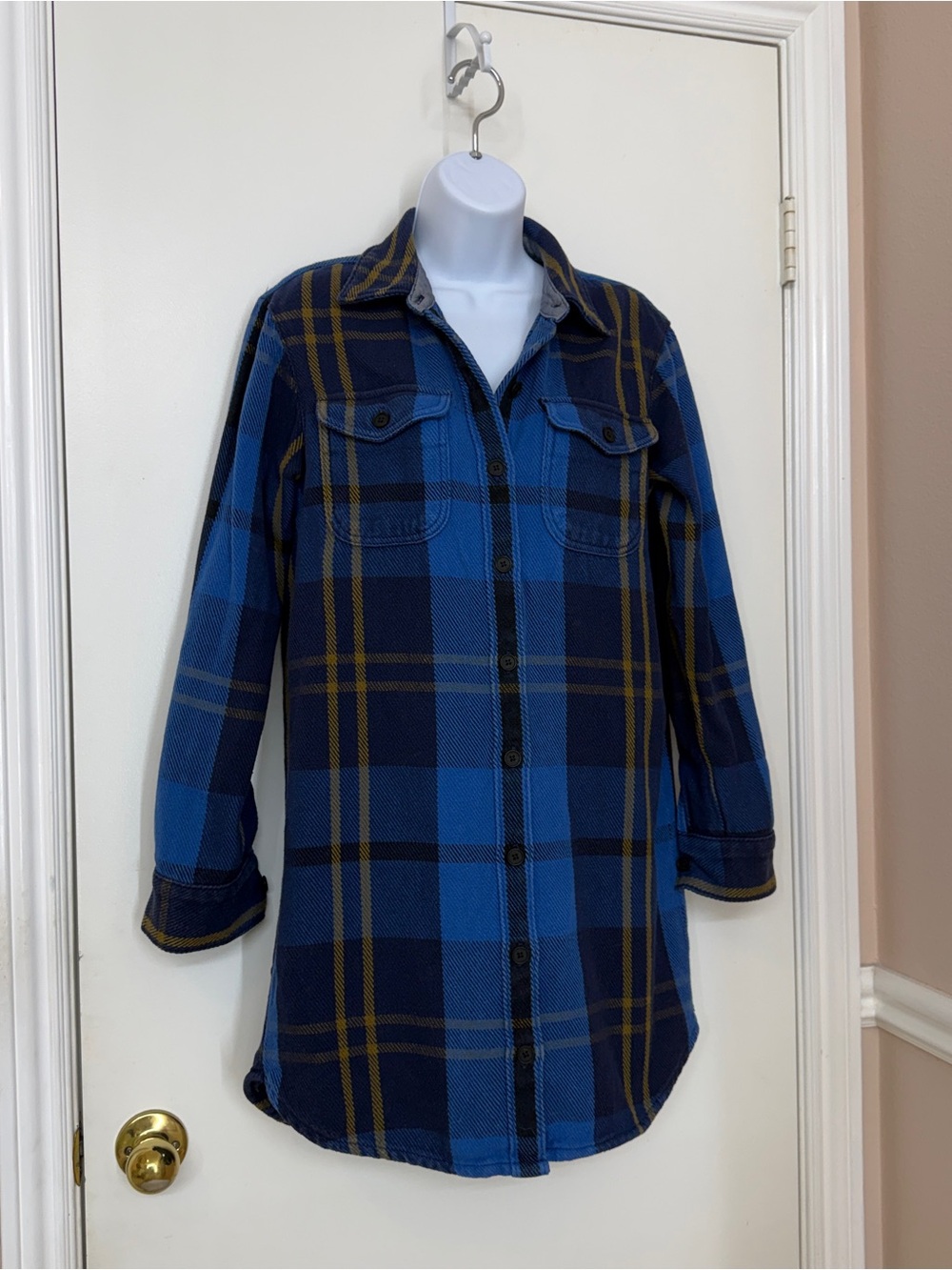 Outerknown Women's Blanket Shirt Dress Blue Plaid Tunic Size S Organic Cotton